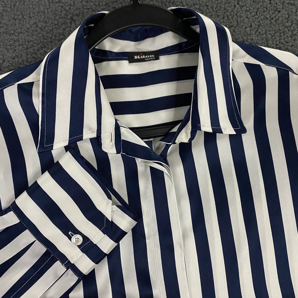 Kiton Napoli Button Up Shirt Mens size 48 Navy White Striped Luxury Silk Italy